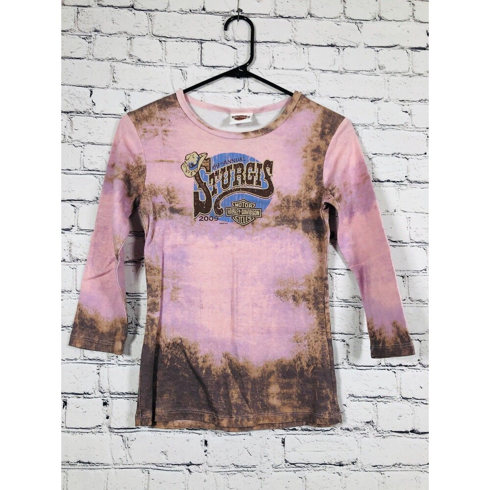 Harley Davidson Women Sturgis 2007 Graphic 3/4 Sleeve Tie Dye Shirt Pink S